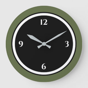 Olive Green Black & White Minimalist Large Clock