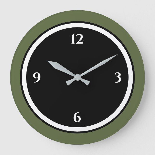 Olive Green Black & White Minimalist Large Clock (Front)