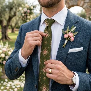 Olive Green Blush Rose Chintz Bouquet Pattern Tie
