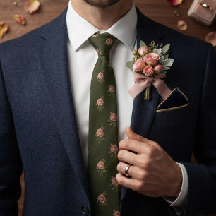 Olive Green Blush Rose Scattered Botanical Tie