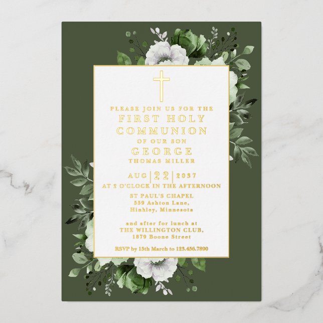 Olive Green Boho Floral First Holy Communion Gold (Front)