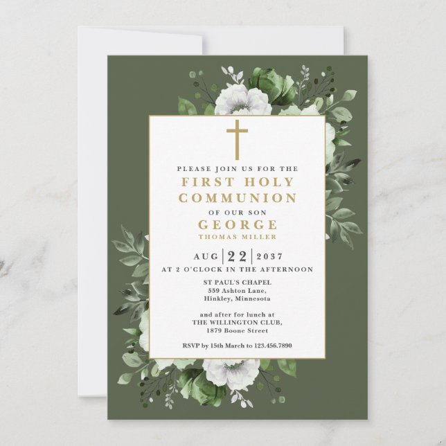 Olive Green Boho Floral First Holy Communion Invitation (Front)
