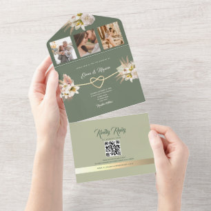 Olive Green Boho Photo Wedding All In One Invitation