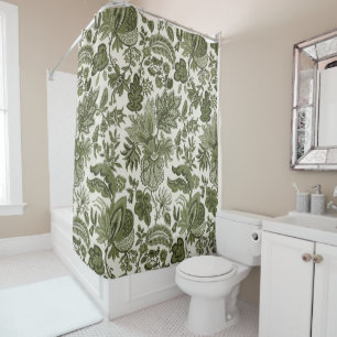 Olive Green Boho Vintage Floral Print Shower Curtain