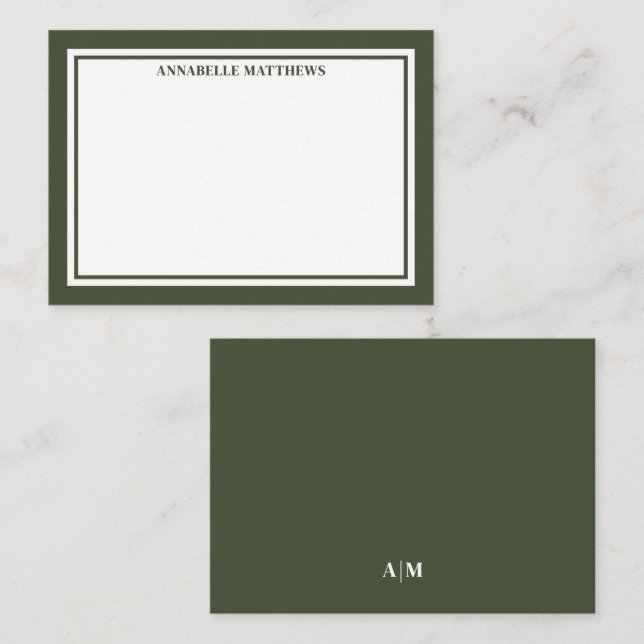 Olive Green Border Minimalist Monogram Card (Front/Back)