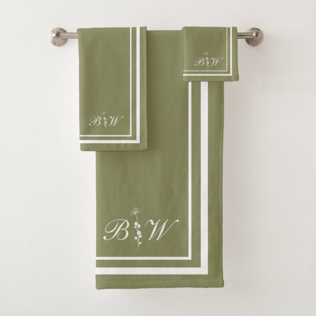 Olive Green Border Script Girl Monogram Bath Towel Set (Insitu)