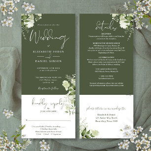 Olive Green Botanical Floral All In One Wedding  Invitation