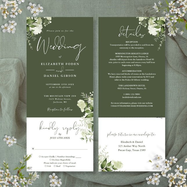 Olive Green Botanical Floral All In One Wedding  Invitation (Olive Green Botanical Floral All In One Wedding Invitation)