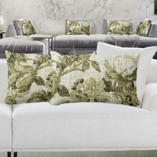 Olive Green Botanical Floral Toile Fabric No.5 Lumbar Cushion