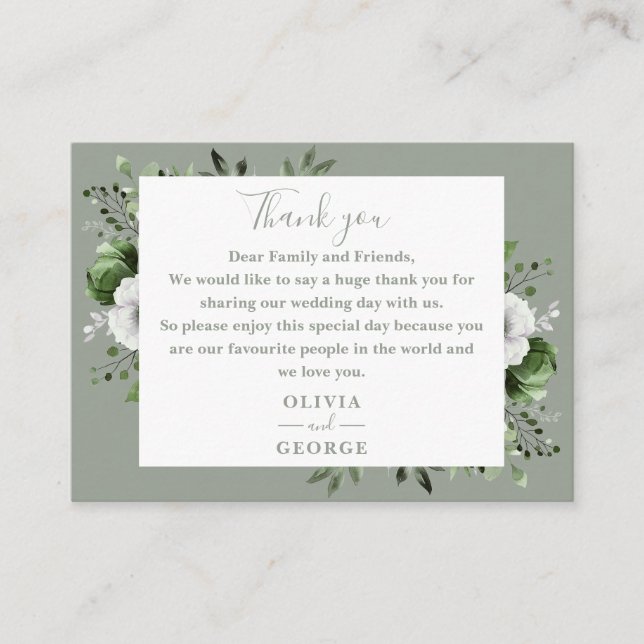 Olive Green Botanical Floral Wedding Thank You Place Card (Front)