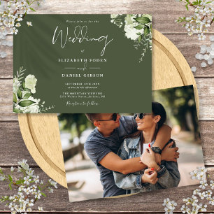 Olive Green Botanical Greenery Photo Wedding Invitation