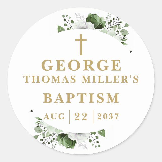 Olive Green Botanical Modern Baptism Classic Round Sticker (Front)