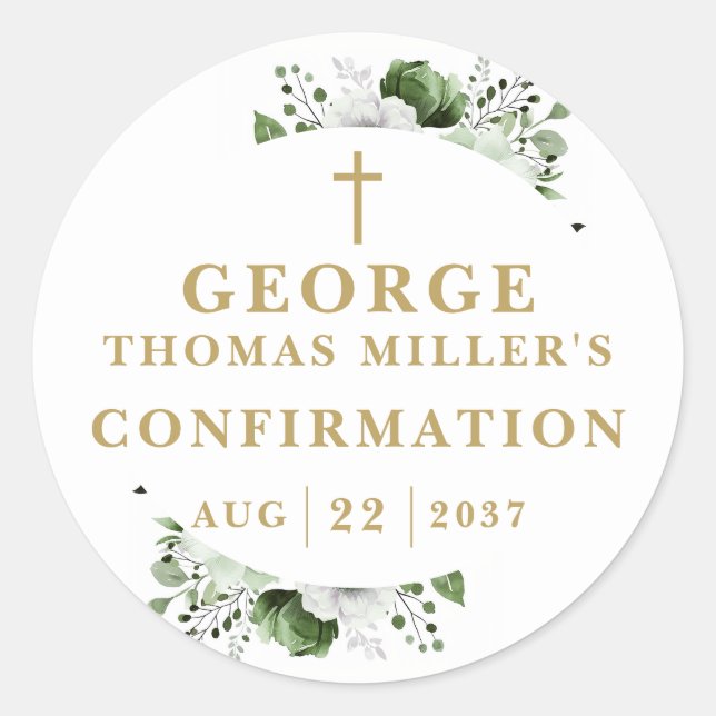 Olive Green Botanical Modern Confirmation Classic Round Sticker (Front)