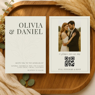 Olive Green Botanical Photo QR Code Wedding Invitation