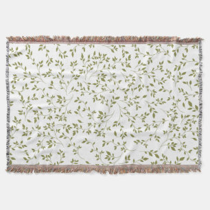 Olive Green Botanical Vine Leaf Pattern on White Throw Blanket