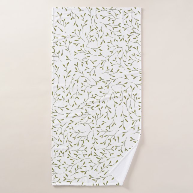 Olive Green Botanical Vine Pattern on White Bath Towel Set (Bath Towel)