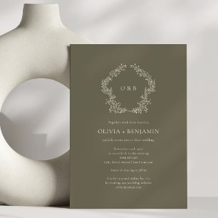 Olive Green Botanical Wreath Monogram Wedding Invitation