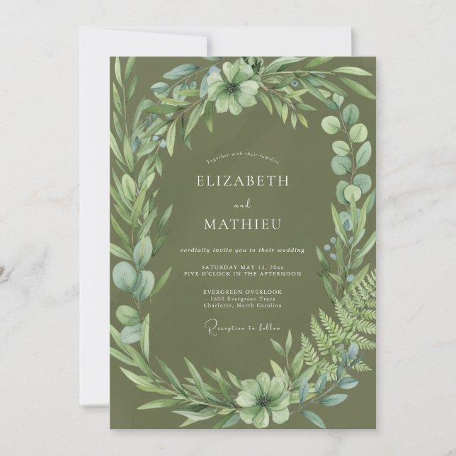 Olive Green Botanical Wreath Wedding Invitation (Front)