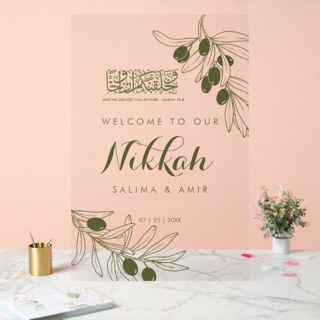 Olive Green Branches Nikkah Acrylic Sign (Wedding)