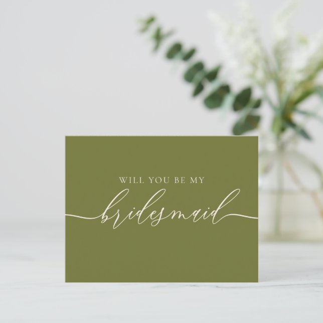 Olive Green Bridesmaid Flowing Script Elegant Invitation Postcard (Standing Front)