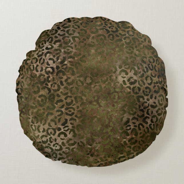 Olive Green Brown Leopard Print Round Cushion (Front)
