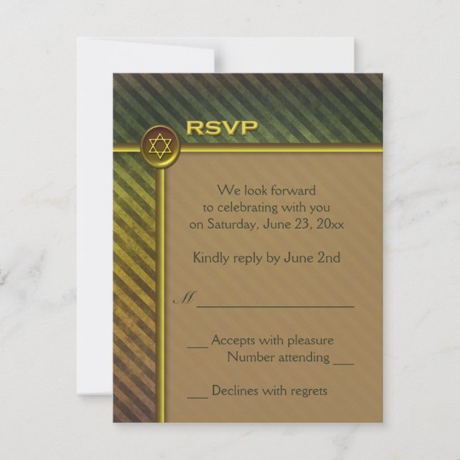 Olive Green, Brown Striped Bar Mitzvah RSVP Card (Front)
