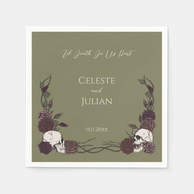 Olive Green Brown Til Death Skulls & Roses Wedding Napkin (Front)