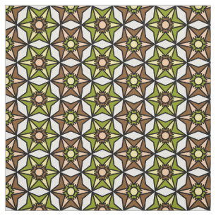 Olive Green, Brown White Geometric Retro Pattern Fabric