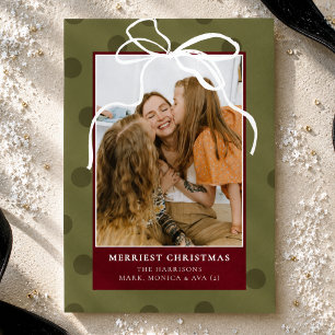 Olive Green Burgundy Bow Family Photo Christmas Foil Holiday Card