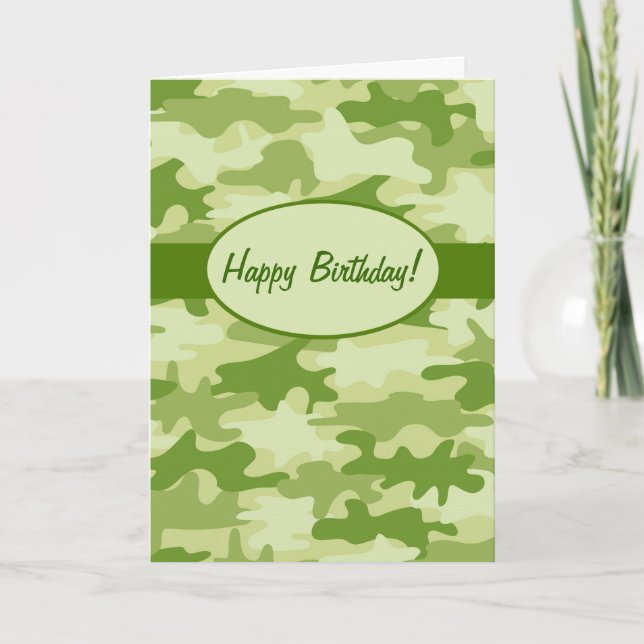 Olive Green Camo Camouflage Happy Birthday Custom Card (Front)