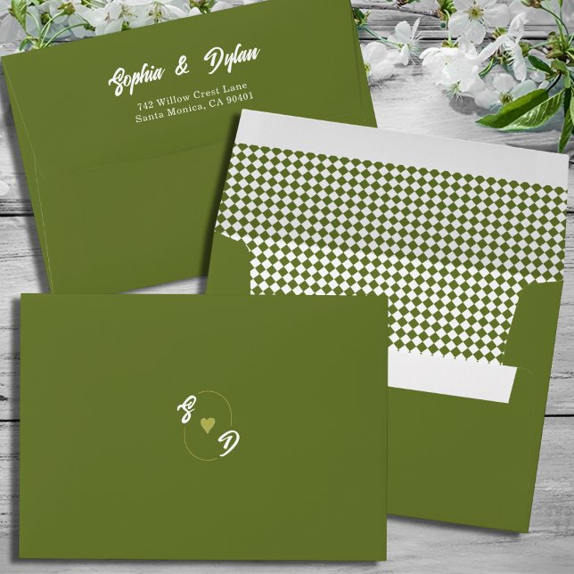 Olive Green checkered Retro Initials Wedding Envelope (Creator Uploaded)