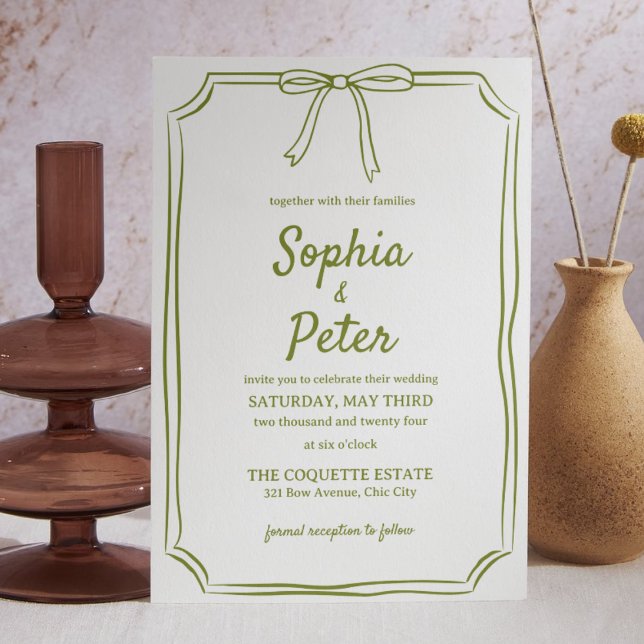 Olive Green Chic Hand-Drawn Bow Timeless Wedding Invitation (Simple yet sophisticated, this olive-green invitation brings a natural charm to any modern wedding. )