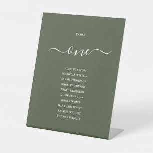 Olive Green Chic Script Table Number Seating Chart Pedestal Sign
