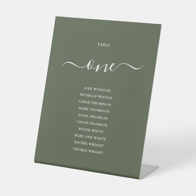 Olive Green Chic Script Table Number Seating Chart Pedestal Sign (Front)