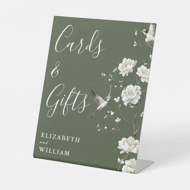 Olive Green Chinoiserie Cards And Gifts Wedding Pedestal Sign (Front)