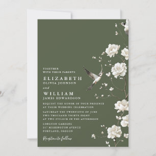Olive Green Chinoiserie Floral All In One Wedding Invitation