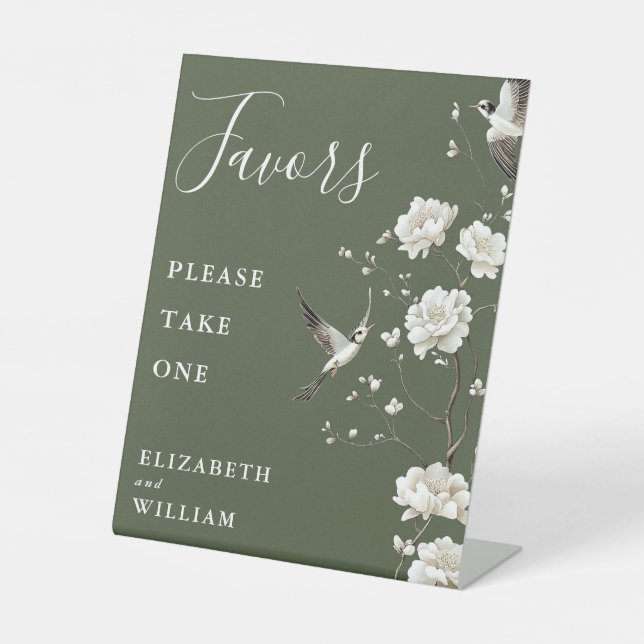 Olive Green Chinoiserie Floral Favours Wedding Pedestal Sign (Front)