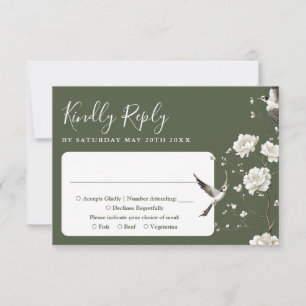 Olive Green Chinoiserie Floral Garden Wedding RSVP Card