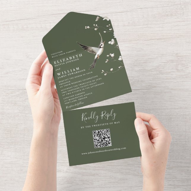 Olive Green Chinoiserie Floral QR Code Wedding All In One Invitation (Tearaway)