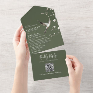 Olive Green Chinoiserie Floral QR Code Wedding All In One Invitation
