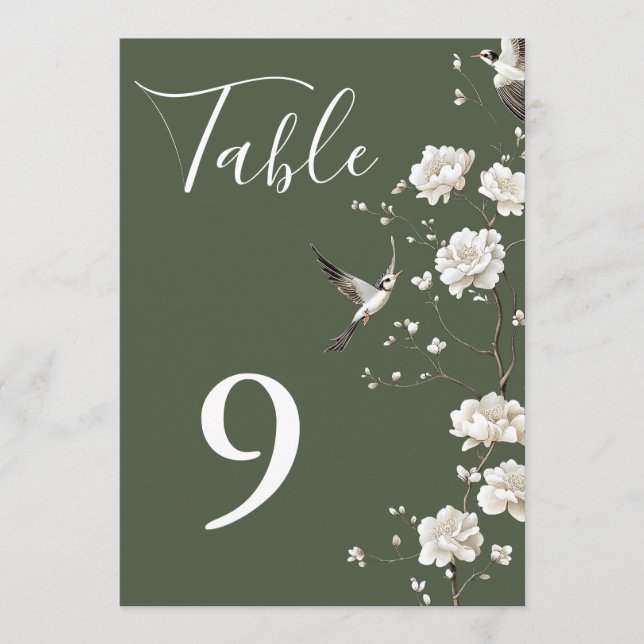 Olive Green Chinoiserie Floral Table Numbers (Front)