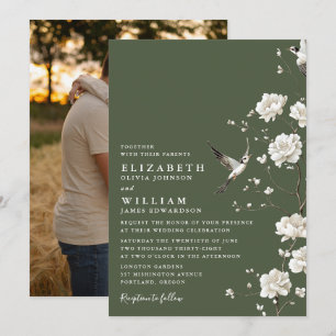 Olive Green Chinoiserie Floral Wedding Photo Invitation