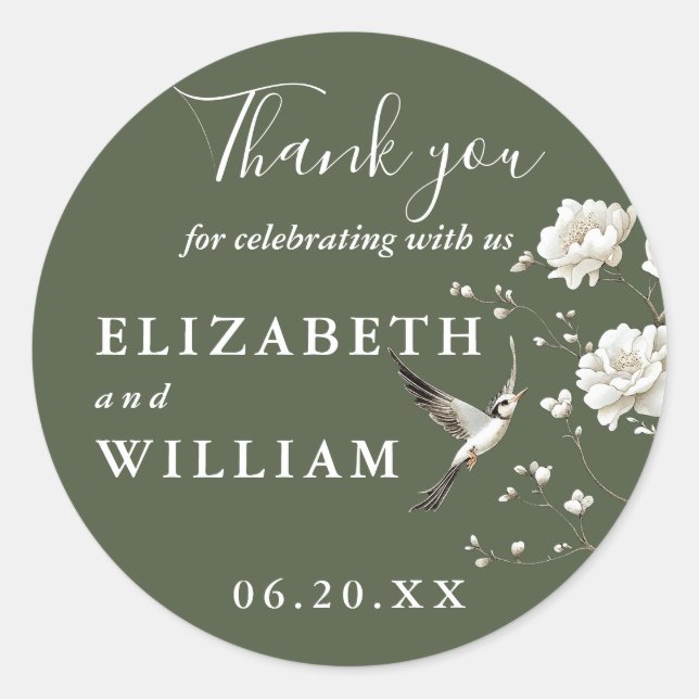 Olive Green Chinoiserie Floral Wedding Thank You Classic Round Sticker (Front)