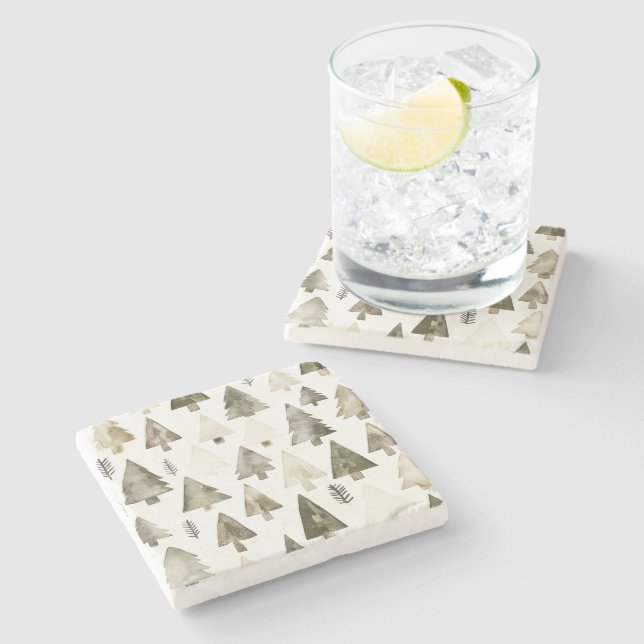 Olive Green Christmas Trees Stone Coaster (Side)