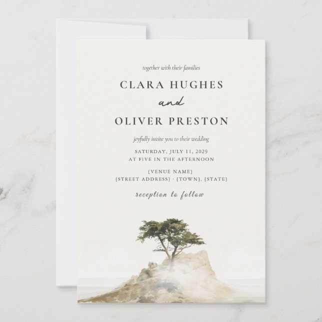 Olive Green Coastal Mist Script Cypress Wedding  Invitation (Front)