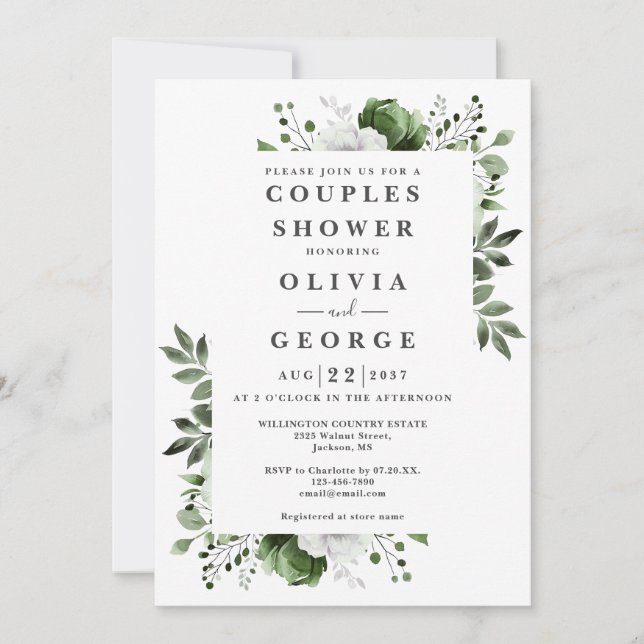 Olive Green Country Floral Couples Shower Invitation (Front)