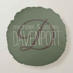 Olive Green Couple's Names Monogram Round Cushion