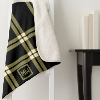 Olive green, cream, and black plaid monogram sherpa blanket