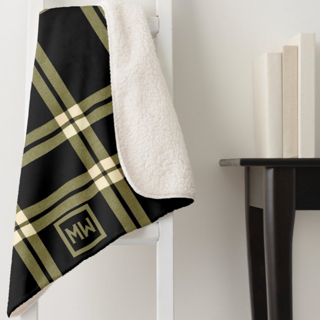Olive green, cream, and black plaid monogram sherpa blanket (Creator Uploaded)