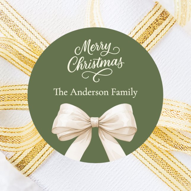 Olive green cream bow Christmas Classic Round Sticker (Creator Uploaded)